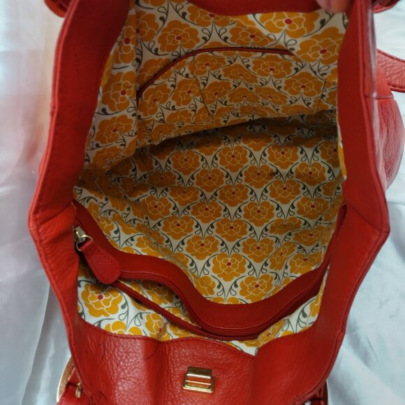 * Emma Fox Beautiful LEATHER Handbag LARGE Red Yellow Brown Huge Interior Gold - Picture 7 of 16
